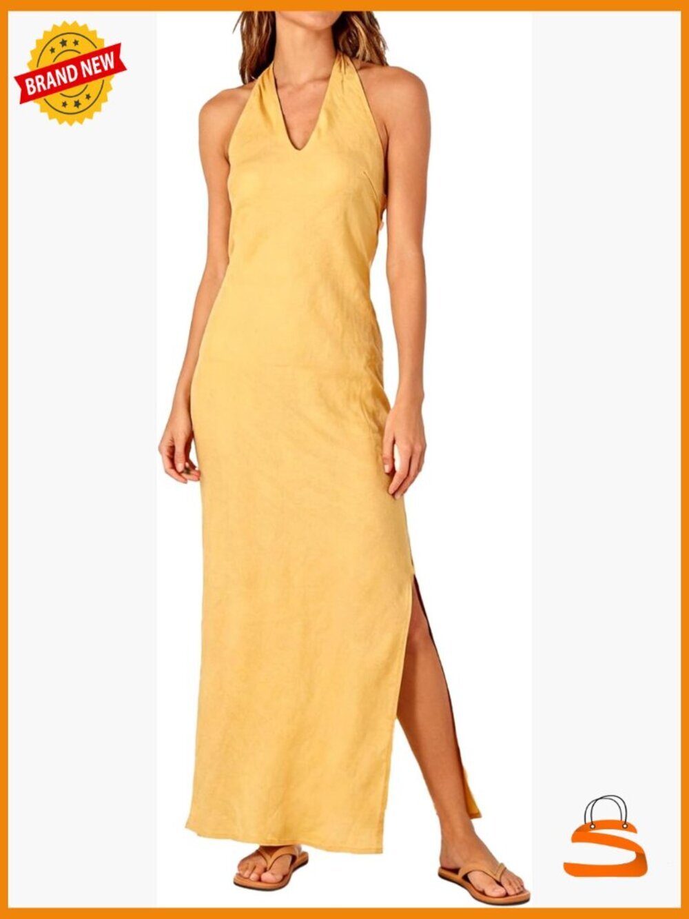 Linen Splits Bodycon Maxi Dress Halter Backless V-Neck Sleeveless Summer